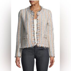 TORY BURCH HOLLIS LINEN BLEND FRINGE TWEED CARDIGAN JACKET Size S Ivory